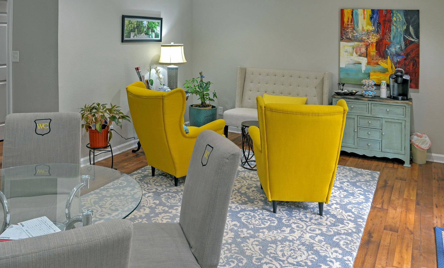 living room with beautiful yellow sofas